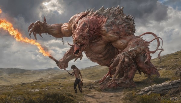 1girl,long hair,open mouth,brown hair,shirt,black hair,1boy,holding,standing,tail,weapon,outdoors,horns,sky,teeth,day,tongue,pants,sword,cloud,holding weapon,cloudy sky,grass,fire,scenery,claws,1other,monster,mountain,fantasy,size difference,giant,field,torch,breathing fire,blood,sharp teeth,topless male