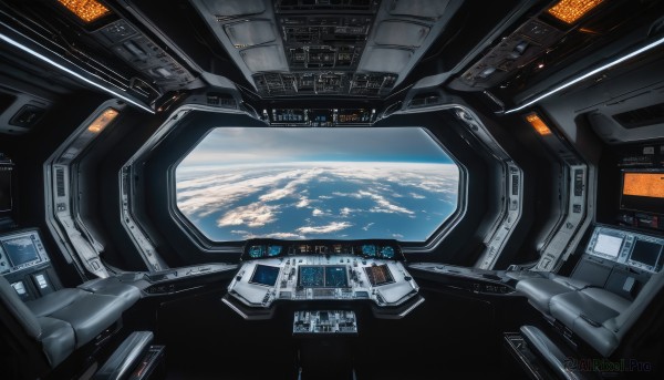 sky,cloud,no humans,window,scenery,science fiction,realistic,space,planet,earth (planet),spacecraft,spacesuit,cockpit,english text,machinery,monitor