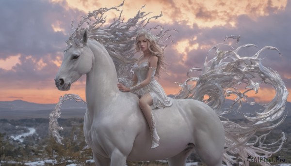 1girl,solo,long hair,breasts,open mouth,blue eyes,blonde hair,hair ornament,dress,bare shoulders,jewelry,medium breasts,sitting,outdoors,sky,barefoot,cloud,water,white dress,tree,lips,strapless,animal,cloudy sky,nature,scenery,snow,armlet,mountain,realistic,fantasy,riding,horse,horseback riding,cleavage,flower,parted lips,artist name,high heels,bracelet,floating hair,watermark,web address,sunset