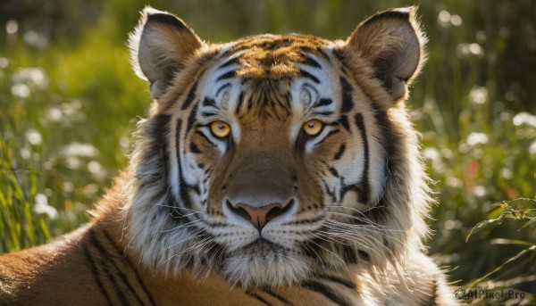 solo, looking at viewer, yellow eyes, outdoors, blurry, no humans, depth of field, blurry background, animal, plant, portrait, close-up, realistic, chinese zodiac, animal focus, whiskers, tiger, year of the tiger