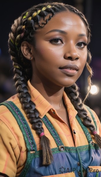 1girl,solo,long hair,looking at viewer,shirt,black hair,brown eyes,jewelry,upper body,braid,short sleeves,earrings,parted lips,teeth,collared shirt,dark skin,blurry,black eyes,twin braids,dark-skinned female,lips,eyelashes,buttons,depth of field,blurry background,forehead,freckles,yellow shirt,realistic,nose,overalls,very dark skin,blue overalls,multiple braids,smile,hair ornament,multicolored hair,artist name,streaked hair,makeup,watermark,denim,hair over shoulder,pocket,stud earrings,brown shirt,dreadlocks