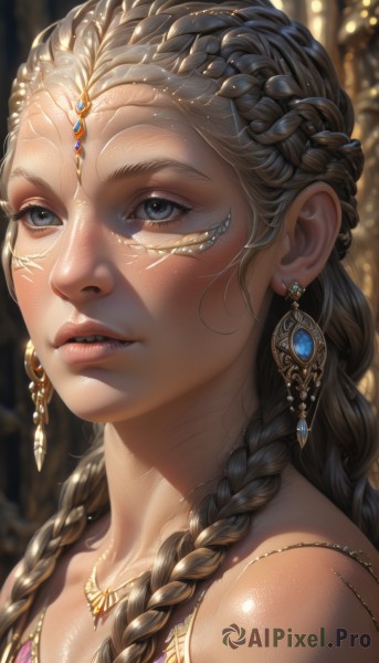 1girl,solo,long hair,blue eyes,brown hair,hair ornament,bare shoulders,jewelry,upper body,braid,earrings,parted lips,teeth,shiny,artist name,dark skin,necklace,blurry,twin braids,dark-skinned female,lips,grey eyes,eyelashes,blurry background,looking away,looking up,gem,portrait,close-up,freckles,realistic,nose,gold,multiple braids,blonde hair,black hair,collarbone,looking to the side,makeup,watermark,mascara,head chain