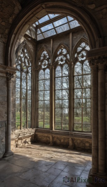 outdoors,day,indoors,tree,no humans,window,sunlight,scenery,stairs,wall,architecture,ruins,pillar,church,arch,column,stone floor,vanishing point,sky,cloud,plant,fantasy,statue,stone wall