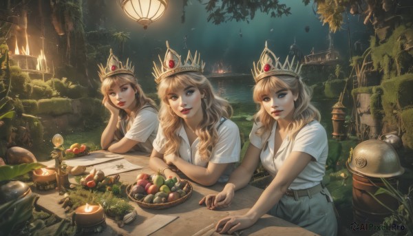 long hair,breasts,looking at viewer,smile,bangs,blue eyes,multiple girls,blonde hair,shirt,brown eyes,jewelry,medium breasts,sitting,white shirt,short sleeves,outdoors,parted lips,food,sky,collared shirt,belt,pants,3girls,tree,lips,book,night,fruit,leaf,wavy hair,table,tiara,crown,plant,denim,t-shirt,buckle,hand on own face,head rest,jeans,lantern,belt buckle,fantasy,apple,red lips,brown belt,lamp,candle,mushroom,map,brown hair,green eyes,light brown hair,grapes