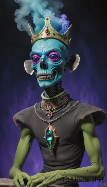 solo,shirt,1boy,jewelry,purple eyes,upper body,male focus,teeth,necklace,nail polish,fingernails,colored skin,ring,fire,crown,gem,instrument,colored sclera,blue nails,skull,blue skin,green skin,looking at viewer,blue hair,makeup,smoke,skeleton,bone