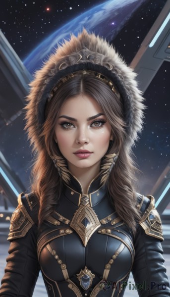 1girl,solo,long hair,breasts,looking at viewer,brown hair,brown eyes,jewelry,medium breasts,upper body,hairband,earrings,signature,armor,lips,bodysuit,makeup,star (sky),starry sky,science fiction,realistic,nose,headdress,space,planet,earth (planet),hood,fur trim