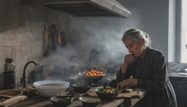 1girl,solo,short hair,shirt,long sleeves,1boy,dress,holding,white hair,grey hair,male focus,food,indoors,hair bun,black dress,window,facial hair,scar,table,single hair bun,bottle,steam,beard,plate,smoke,bowl,watch,wristwatch,old,old man,cooking,kitchen,frying pan,sink,old woman,stove,wrinkled skin,cutting board,long hair,jewelry,sitting,closed mouth,closed eyes,ponytail,collared shirt,blurry,bracelet,black shirt,fruit,looking down,ring,realistic,tiles,tile wall,orange (fruit),faucet,kitchen knife