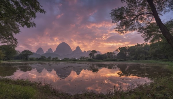 outdoors,sky,day,cloud,water,tree,blue sky,no humans,cloudy sky,grass,nature,scenery,forest,reflection,sunset,mountain,river,evening,landscape,mountainous horizon,lake,reflective water,gradient sky