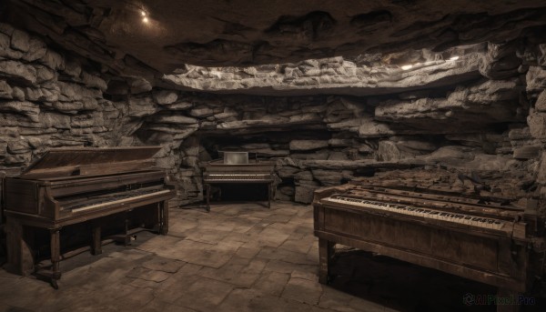 monochrome,indoors,no humans,table,instrument,scenery,stairs,ruins,sepia,piano,brown theme,cave,chandelier,grand piano,light