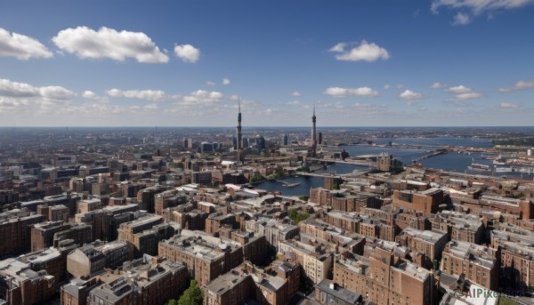 outdoors,sky,day,cloud,water,tree,blue sky,no humans,ocean,cloudy sky,building,scenery,city,horizon,cityscape,skyscraper,landscape,river,skyline