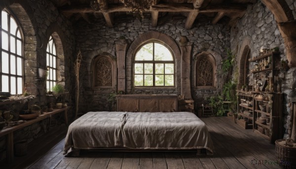 day,indoors,cup,pillow,book,no humans,window,bed,chair,table,sunlight,plant,scenery,wooden floor,stairs,bookshelf,potted plant,lamp,wall,bedroom,ruins,shelf,rug,cabinet,fireplace,bed sheet,bottle,fantasy,door,candle,vines,brick wall,vase,carpet,arch,barrel,wooden table,wood,wooden chair