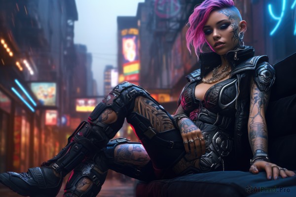 1girl,solo,breasts,looking at viewer,short hair,blue eyes,cleavage,jewelry,medium breasts,sitting,closed mouth,jacket,pink hair,multicolored hair,earrings,boots,outdoors,open clothes,sleeveless,pants,dark skin,necklace,nail polish,black footwear,armor,blurry,bracelet,two-tone hair,open jacket,dark-skinned female,lips,black jacket,tattoo,makeup,blurry background,piercing,ring,lipstick,ear piercing,eyeshadow,asymmetrical hair,city,realistic,nose,eyeliner,arm tattoo,knee pads,undercut,facial tattoo,mascara,mohawk,cyberpunk,nose piercing,neon lights,purple hair,shoes,alternate costume,night,crossed legs,very short hair,graffiti,full-body tattoo,eyebrow piercing