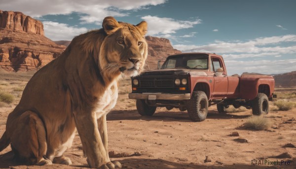 outdoors,sky,day,cloud,blue sky,no humans,animal,grass,ground vehicle,scenery,motor vehicle,mountain,realistic,car,vehicle focus,tiger,truck,looking at viewer,cloudy sky,desert