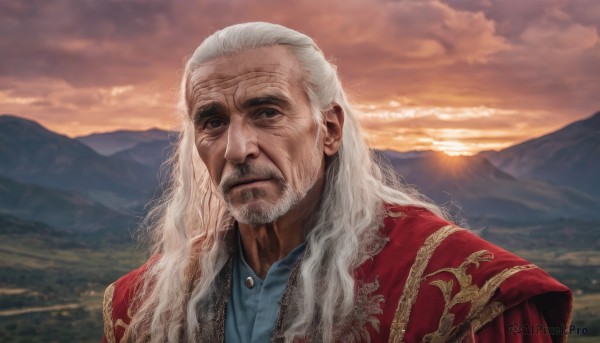 solo,long hair,looking at viewer,shirt,1boy,closed mouth,upper body,white hair,grey hair,male focus,outdoors,sky,collared shirt,cloud,blurry,black eyes,facial hair,cloudy sky,blue shirt,portrait,beard,sunset,mountain,realistic,mustache,manly,old,old man,mountainous horizon,wrinkled skin,scar,sun