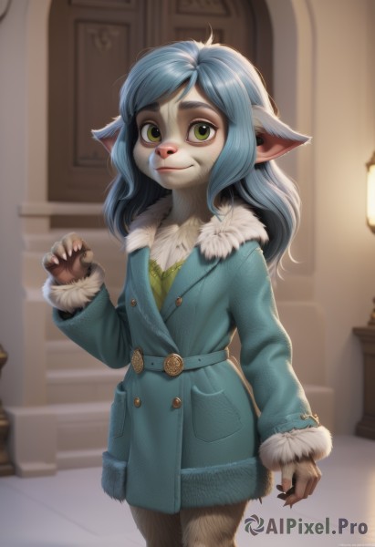 1girl,solo,long hair,looking at viewer,smile,animal ears,closed mouth,green eyes,blue hair,standing,artist name,indoors,signature,coat,fur trim,buttons,furry,stairs,furry female,body fur,animal nose,blue coat,bangs,long sleeves,pointy ears,belt,cat ears,hand up,blurry,flat chest,lips,fingernails,blurry background,thick eyebrows,realistic,lamp,fur-trimmed sleeves,fur-trimmed coat,green coat