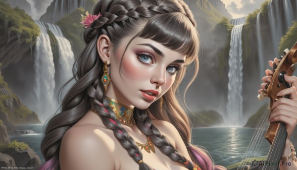 1girl,solo,long hair,breasts,looking at viewer,blush,bangs,blue eyes,brown hair,black hair,hair ornament,holding,cleavage,bare shoulders,jewelry,collarbone,upper body,pink hair,braid,flower,multicolored hair,earrings,outdoors,parted lips,teeth,choker,day,shiny,artist name,hair flower,water,necklace,twin braids,bracelet,lips,eyelashes,gradient hair,makeup,thick eyebrows,lipstick,gem,instrument,portrait,pink flower,eyeshadow,rock,pink lips,mountain,realistic,nose,music,guitar,red lips,eyeliner,playing instrument,holding instrument,river,waterfall,lake,mascara,multiple braids,nude,sky,blunt bangs,nail polish,fingernails,piercing,nature,long fingernails,neck ring,gold,red gemstone,gold choker