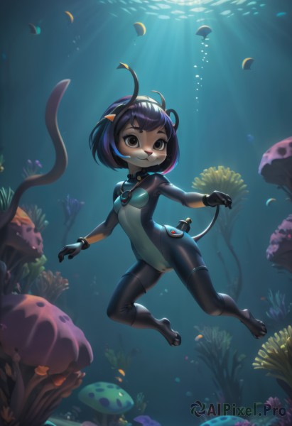 1girl,solo,breasts,looking at viewer,smile,short hair,bangs,black hair,animal ears,brown eyes,jewelry,closed mouth,blue hair,tail,full body,purple hair,multicolored hair,hairband,small breasts,pussy,shiny,artist name,signature,water,black eyes,bracelet,bodysuit,covered navel,:3,cameltoe,headgear,animal,sunlight,bob cut,goggles,skin tight,furry,fish,bubble,shiny clothes,light rays,underwater,furry female,black bodysuit,air bubble,animal nose,swimming,submerged,diving mask,caustics,freediving,coral,pawpads,snorkel,mechanical tail,wetsuit,seaweed,gloves,swimsuit,ahoge,barefoot,necklace,collar,one-piece swimsuit,colored skin,ocean,multicolored skin,two-tone skin,diving mask on head