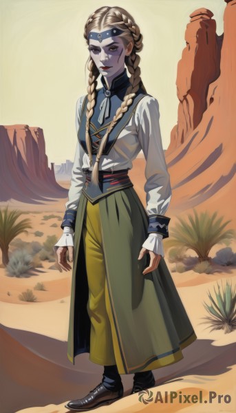 1girl,solo,long hair,looking at viewer,smile,skirt,blonde hair,shirt,long sleeves,brown eyes,jewelry,closed mouth,standing,full body,yellow eyes,white shirt,braid,outdoors,shoes,pants,twin braids,makeup,brown footwear,lipstick,green skirt,hair over shoulder,long skirt,circlet,rock,arms at sides,desert,black footwear,sash,headband,colored skin,red lips,yellow pants