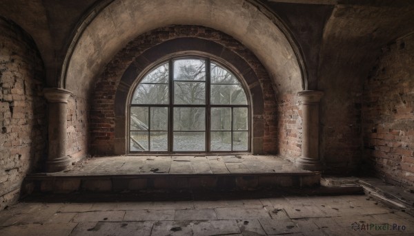 day,indoors,tree,no humans,window,scenery,snow,stairs,door,wall,ruins,brick wall,pillar,bare tree,arch,column,fantasy,stone wall,brick,broken window