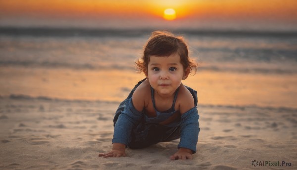 1girl,solo,breasts,looking at viewer,short hair,brown hair,long sleeves,brown eyes,closed mouth,outdoors,off shoulder,blurry,lips,blurry background,ocean,beach,tank top,all fours,sunset,realistic,sand,sun,overalls,sky,pants,water,child,dirty