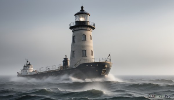 outdoors,sky,cloud,water,military,no humans,ocean,scenery,turret,flag,watercraft,ship,waves,tower,smokestack,grey sky,warship,mountain,anchor,fog