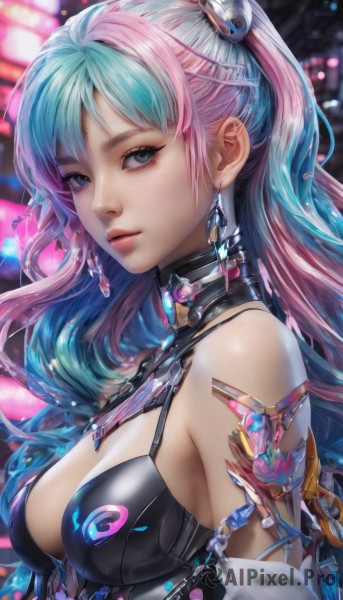 1girl,solo,long hair,breasts,looking at viewer,bangs,blue eyes,large breasts,hair ornament,cleavage,bare shoulders,jewelry,medium breasts,blue hair,upper body,ponytail,pink hair,multicolored hair,earrings,parted lips,blurry,two-tone hair,lips,grey eyes,aqua hair,gradient hair,makeup,blurry background,chain,gem,realistic,nose,mascara,closed mouth,choker,artist name,from side,eyelashes,watermark,facial mark,expressionless,web address