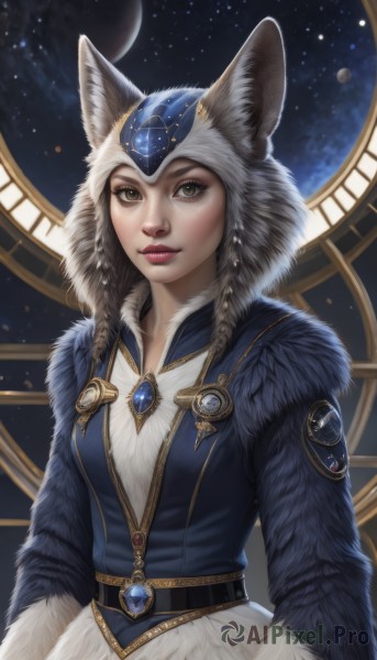 1girl,solo,long hair,breasts,looking at viewer,smile,brown hair,long sleeves,dress,animal ears,brown eyes,jewelry,closed mouth,upper body,braid,belt,artist name,signature,hood,twin braids,lips,coat,fur trim,makeup,lipstick,brooch,gem,star (sky),eyeshadow,starry sky,animal hood,realistic,nose,winter clothes,red lips,space,fur,blue gemstone,red gemstone,medium breasts,jacket,wolf ears