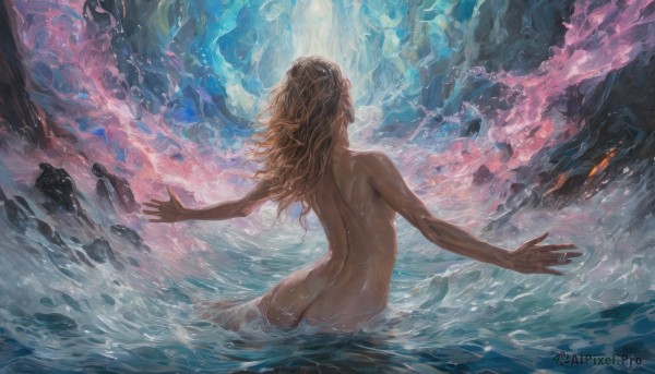 1girl,solo,long hair,breasts,blonde hair,brown hair,medium breasts,standing,ass,nude,outdoors,dark skin,water,from behind,wet,completely nude,ocean,back,outstretched arms,wading,partially submerged,rock,spread arms,facing away,waves,median furrow,signature,floating hair,fish,realistic,wet hair,swimming