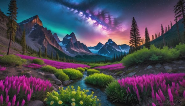 flower, outdoors, sky, cloud, water, tree, no humans, night, grass, star (sky), nature, night sky, scenery, starry sky, rock, mountain, yellow flower, landscape, purple sky