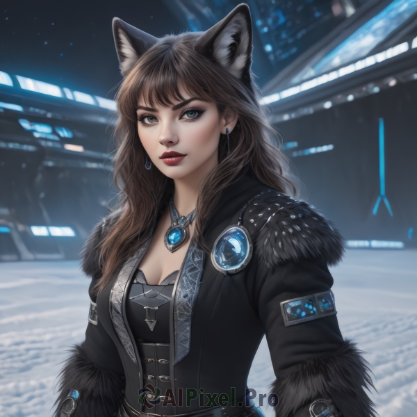 1girl,solo,long hair,breasts,looking at viewer,bangs,brown hair,long sleeves,animal ears,cleavage,jewelry,medium breasts,green eyes,jacket,upper body,earrings,outdoors,belt,cat ears,necklace,blurry,lips,coat,animal ear fluff,grey eyes,fur trim,makeup,night,blurry background,wavy hair,lipstick,gem,extra ears,snow,pendant,red lips,closed mouth,artist name,black jacket,wolf ears,thick eyebrows,black coat,realistic,nose