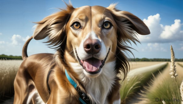 HQ,solo,open mouth,brown eyes,outdoors,sky,day,tongue,cloud,tongue out,blue sky,no humans,animal,grass,dog,realistic,animal focus,looking at viewer,blurry,fangs,cloudy sky