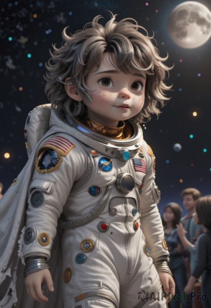 1girl,looking at viewer,short hair,multiple girls,brown hair,long sleeves,brown eyes,standing,cowboy shot,parted lips,multiple boys,solo focus,3girls,blurry,lips,depth of field,blurry background,moon,messy hair,child,full moon,freckles,realistic,female child,space,planet,american flag,spacesuit,japanese flag,astronaut,cape,night,star (sky),nose,emblem,badge,dirty,button badge,dirty face