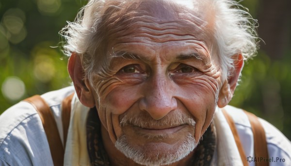 solo,looking at viewer,smile,shirt,1boy,closed mouth,green eyes,white hair,male focus,blurry,depth of field,blurry background,facial hair,suspenders,portrait,beard,close-up,realistic,mustache,old,old man,wrinkled skin,white shirt,upper body,bokeh