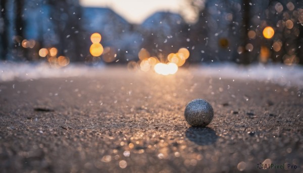 outdoors, blurry, no humans, night, depth of field, blurry background, scenery, snow, snowing, city, bokeh, city lights