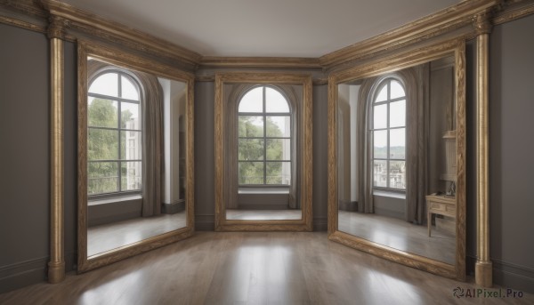 day,indoors,tree,no humans,window,sunlight,plant,scenery,reflection,wooden floor,door,painting (object),shadow,reflective floor