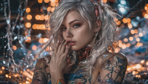 1girl,solo,long hair,looking at viewer,blue eyes,hair ornament,bare shoulders,jewelry,upper body,white hair,grey hair,earrings,parted lips,choker,nail polish,blurry,bracelet,lips,grey eyes,tattoo,makeup,depth of field,blurry background,piercing,ear piercing,portrait,finger to mouth,freckles,realistic,nose,arm tattoo,bokeh,neck tattoo,breasts,fingernails,eyelashes,black nails,smoke,cigarette,smoking,facial tattoo,mascara