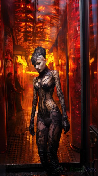 1girl,solo,breasts,looking at viewer,short hair,blue eyes,gloves,cleavage,medium breasts,standing,solo focus,indoors,hair bun,lips,bodysuit,makeup,single hair bun,fire,smoke,science fiction,jewelry,earrings,tattoo,glowing,lipstick,glowing eyes,statue,demon,black lips,full-body tattoo