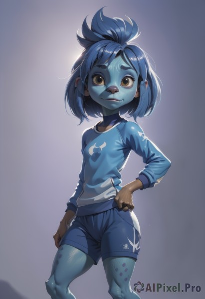 1girl,solo,breasts,looking at viewer,smile,short hair,simple background,shirt,long sleeves,brown eyes,closed mouth,blue hair,standing,small breasts,shorts,shiny,artist name,medium hair,flat chest,hand on hip,short shorts,colored skin,thick eyebrows,blue shirt,furry,blue shorts,blue skin,furry female,female child,print shirt,multicolored skin,lips,monster girl