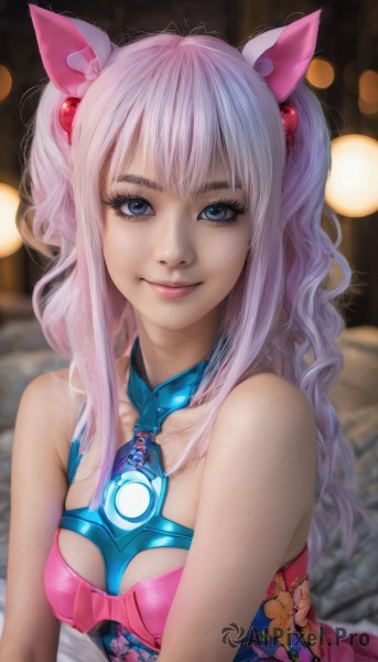 1girl,solo,long hair,breasts,looking at viewer,smile,bangs,blue eyes,hair ornament,dress,animal ears,bare shoulders,closed mouth,upper body,pink hair,small breasts,sleeveless,cat ears,blurry,two side up,lips,clothing cutout,eyelashes,makeup,blurry background,floral print,hair bobbles,pink dress,realistic,twintails,white hair,artist name,mascara