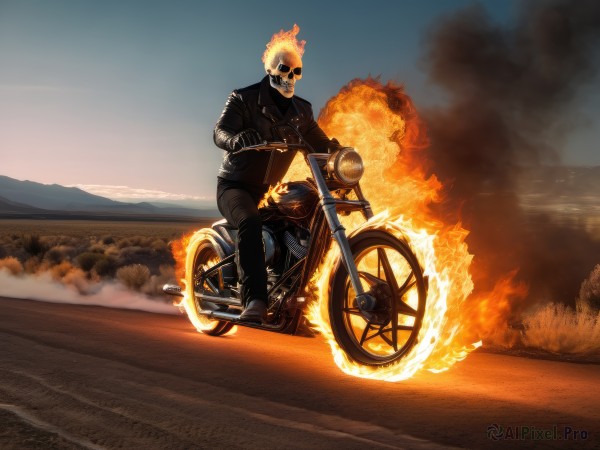 solo,gloves,1boy,jacket,male focus,outdoors,sky,black gloves,pants,tree,black jacket,black pants,helmet,fire,ground vehicle,motor vehicle,smoke,skull,mountain,riding,leather,explosion,motorcycle,leather jacket,burning,shirt,long sleeves,boots,day,black footwear,blue sky,sunglasses,spikes,road,skeleton,desert,driving,dust,dust cloud,on motorcycle