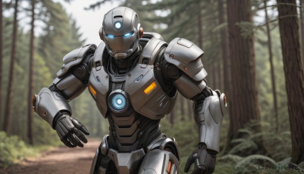 solo,blue eyes,1boy,male focus,outdoors,blurry,tree,no humans,blurry background,glowing,robot,nature,mecha,glowing eyes,forest,science fiction,open hand,power armor,humanoid robot,looking at viewer,armor,android,robot joints