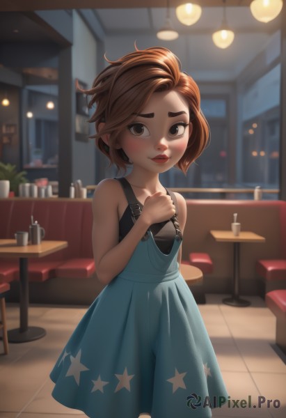 1girl,solo,looking at viewer,blush,short hair,brown hair,dress,bare shoulders,brown eyes,standing,collarbone,parted lips,sleeveless,indoors,star (symbol),blurry,flat chest,cup,lips,see-through,bare arms,loli,makeup,sleeveless dress,blurry background,blue dress,table,hand on own chest,child,drinking glass,freckles,red lips,female child,star print,aged down,cafe