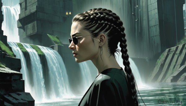 1girl,solo,long hair,brown hair,shirt,black hair,closed mouth,upper body,braid,outdoors,glasses,water,from side,lips,profile,bird,sunglasses,building,realistic,nose,round eyewear,ruins,waterfall,scenery,dreadlocks