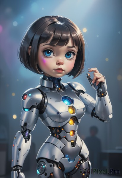 1girl,solo,breasts,looking at viewer,blush,short hair,bangs,blue eyes,brown hair,black hair,medium breasts,closed mouth,standing,cowboy shot,small breasts,solo focus,shiny,artist name,hand up,signature,blunt bangs,blurry,lips,eyelashes,makeup,blurry background,bob cut,robot,lipstick,arm at side,science fiction,pink lips,nose,android,red lips,joints,cyborg,robot joints,power armor,neon trim,hair twirling,cyberpunk,mechanical parts,playing with own hair,nude,glowing