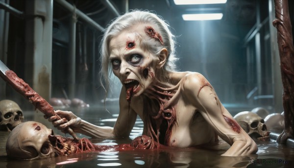 HQ,1girl,solo,breasts,short hair,open mouth,blue eyes,medium breasts,nipples,weapon,white hair,nude,small breasts,teeth,tongue,tongue out,water,grey eyes,blood,partially submerged,skull,realistic,bath,zombie,death,horror (theme),guro,corpse,looking at viewer,holding,upper body,sword,indoors,makeup,knife,on stomach,monster girl,blood on face,ribs,extra eyes,bone,wrinkled skin