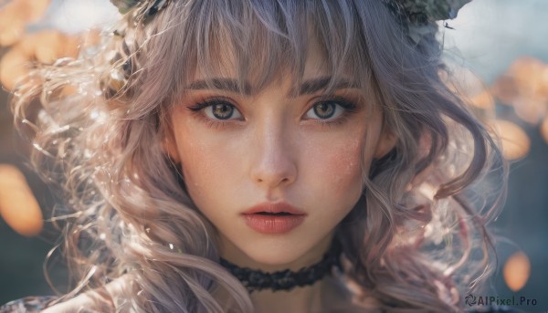 1girl,solo,long hair,looking at viewer,bangs,brown eyes,grey hair,parted lips,choker,artist name,blurry,lips,eyelashes,depth of field,blurry background,portrait,close-up,freckles,realistic,nose,red lips,brown hair,blue hair,multicolored hair,water,hair bun,double bun,makeup,black choker,lipstick