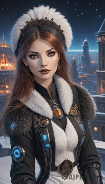 1girl,solo,long hair,breasts,looking at viewer,brown hair,gloves,hat,brown eyes,jewelry,upper body,earrings,outdoors,sky,blurry,lips,coat,fur trim,makeup,night,lipstick,building,gem,star (sky),night sky,winter clothes,red lips,fur hat,dress,jacket,belt,artist name,black jacket,starry sky,realistic,headdress