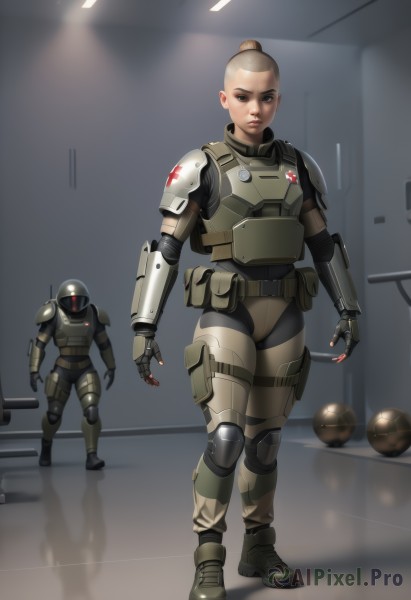 1girl,looking at viewer,blonde hair,brown hair,gloves,brown eyes,standing,full body,weapon,boots,solo focus,indoors,hair bun,armor,lips,military,bodysuit,military uniform,single hair bun,helmet,shoulder armor,reflection,science fiction,pouch,breastplate,realistic,holster,bald,knee pads,shoulder pads,belt pouch,alien,power armor,hallway,soldier,thigh pouch,bulletproof vest,body armor,solo,ponytail,fingerless gloves,uniform,glowing,gauntlets,genderswap,genderswap (mtf),pauldrons,camouflage,elbow pads,concept art,helmet removed,mohawk,red cross