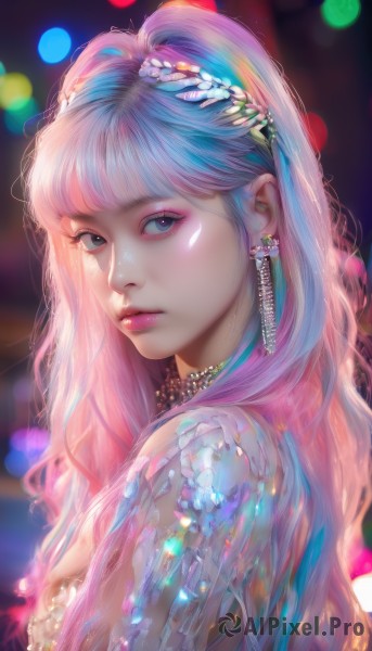 1girl,solo,long hair,looking at viewer,bangs,blue eyes,hair ornament,jewelry,closed mouth,blue hair,upper body,pink hair,multicolored hair,earrings,blunt bangs,necklace,blurry,from side,lips,see-through,looking to the side,eyelashes,makeup,depth of field,blurry background,eyeshadow,realistic,nose,bokeh,mascara,breasts,dress,artist name,gradient hair,watermark,facial mark,expressionless,lipstick,gem,lens flare,pink lips,eyeliner