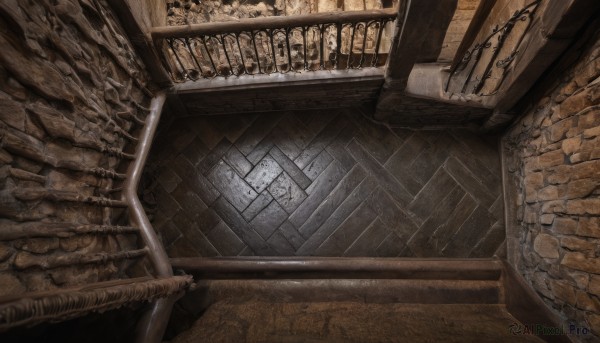 indoors,dutch angle,no humans,window,chain,from above,scenery,stairs,wall,ruins,brick wall,arch,industrial pipe,stone floor,stone wall,fence,door,railing